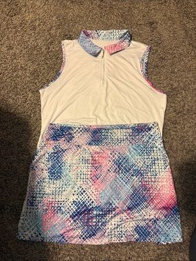 Sleeveless White Polo Top with Pink & Blue Patterned Skort